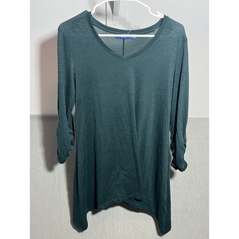 APT.9 Women's Dark Green V-Neck Tunic‎ Top Size M 3/4 Ruched Sleeve Asymmetrical